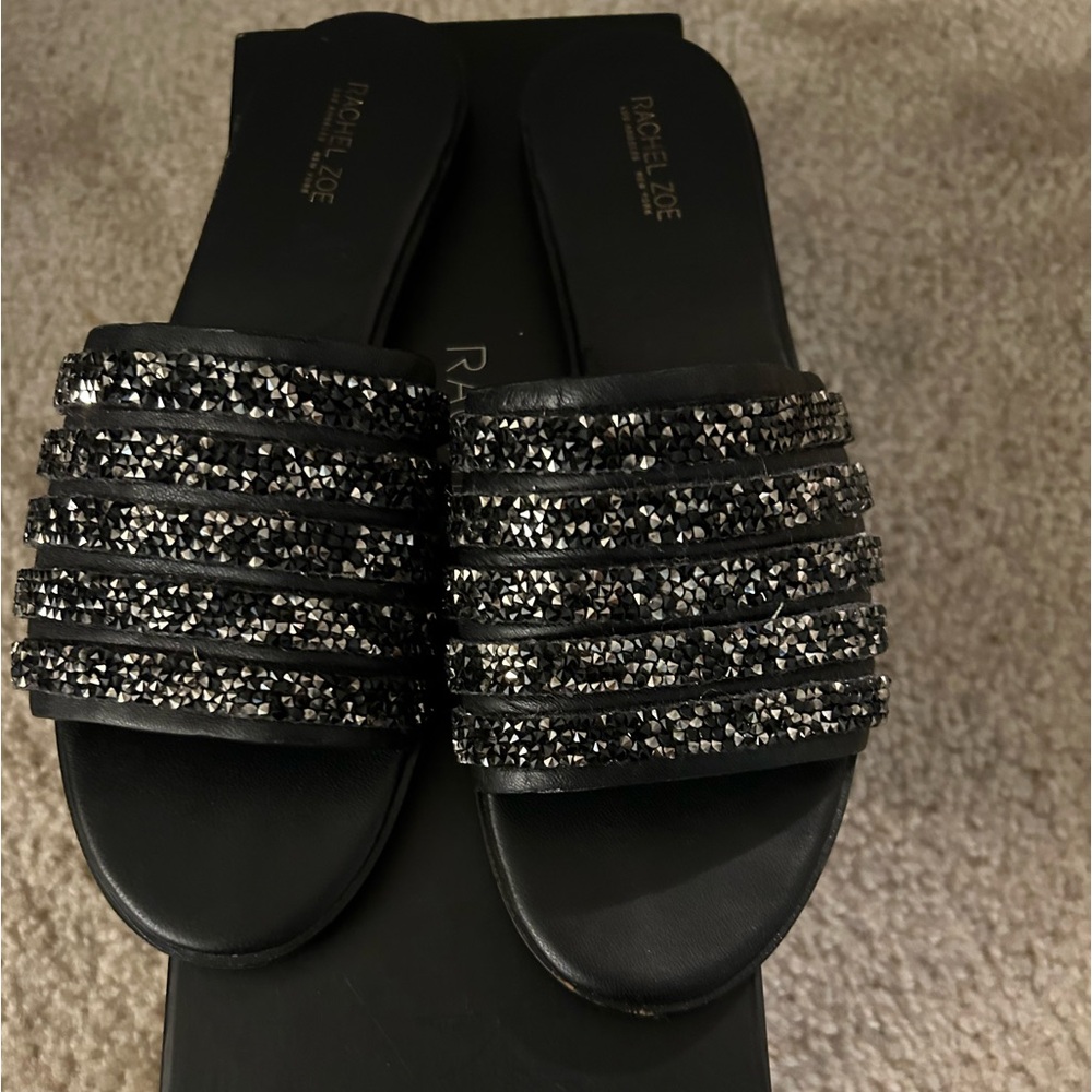 Rachel Zoe Rayce (Black Soft Calf) Leather Slides Womens Sandals Embellished